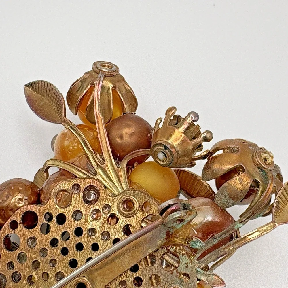 Vintage Brooch Flower AB Artglass Honey Bronze Thermoset Rhinestone MCM
